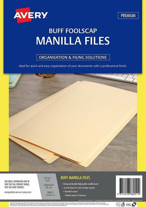 Avery Manilla Folders Foolscap Buff Pack of 10