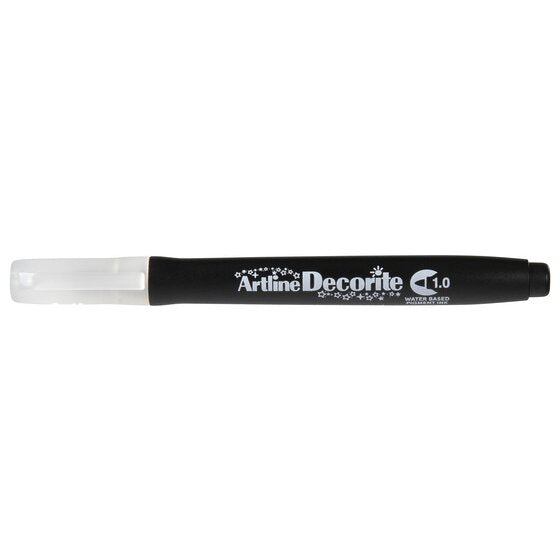 Artline Decorite 1.0mm Black marker with the cap removed beside it
