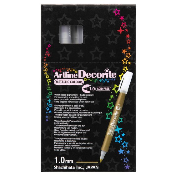 Artline Decorite 1.0mm Metallic Gold box of 12, front view, showing Metallic Colour, Acid Free and the box text panel