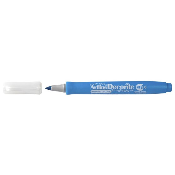 Artline Decorite 3.0mm Metallic Blue marker with the cap removed beside it