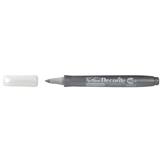 Artline Decorite 3.0mm Metallic Silver marker with the cap removed beside it