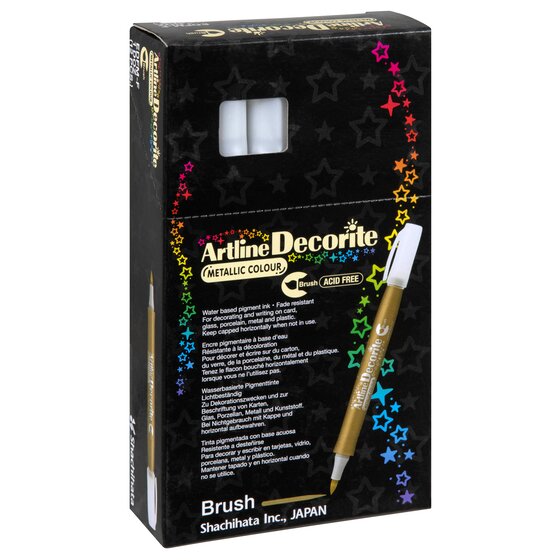 Artline Decorite Brush Gold box of 12, angled view, showing Metallic Colour, Acid Free and the box text panel