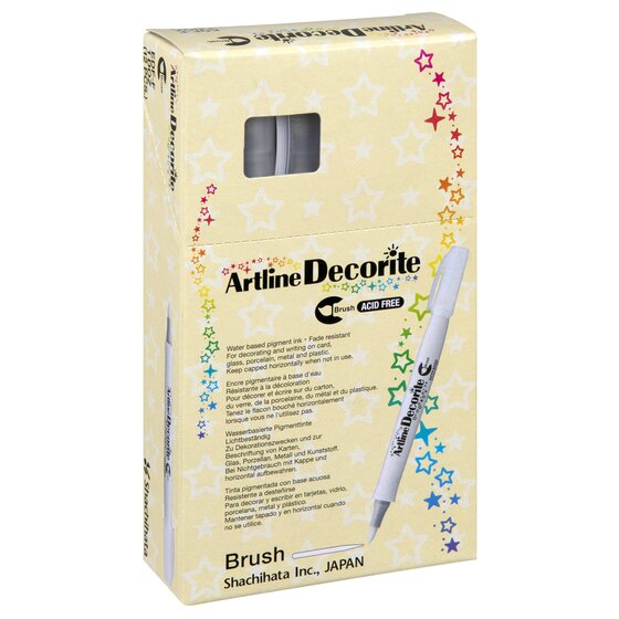 Artline Decorite Brush White box of 12, angled view, showing the box text panel and Acid Free badge