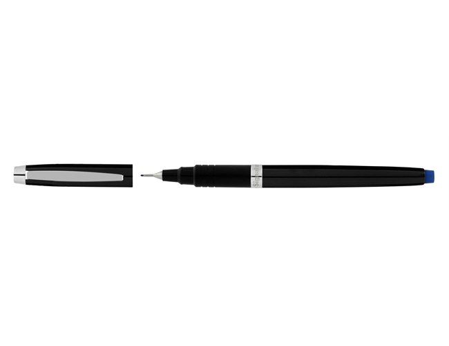 Artline Signature Onyx fine pen with the cap removed beside it, black barrel, blue end cap and fine tip