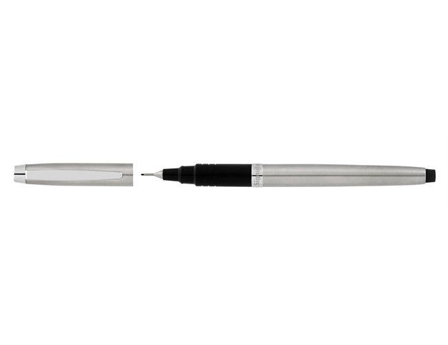 Artline Signature Silver fine pen with the cap removed beside it, silver barrel, black end cap and fine tip