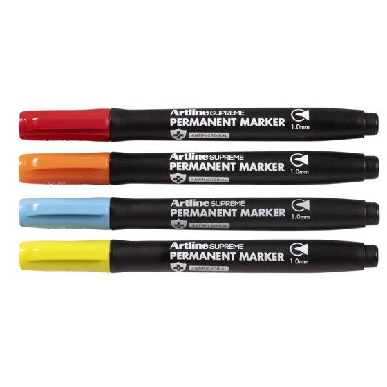 Assorted Artline Supreme Permanent Markers from the 4 pack laid side by side