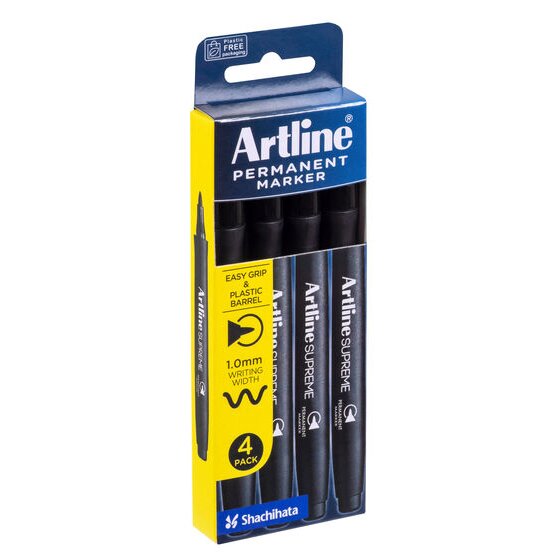 Artline Permanent Marker 4 Pack card printed 1.0mm writing width and Easy Grip and Plastic Barrel, four black Supreme markers