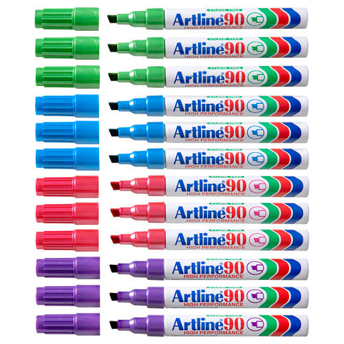 Artline 90 Permanent Marker 5mm Chisel Nib Brights Box of 12