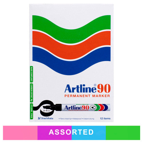 Artline 90 Permanent Marker 5mm Chisel Nib Brights Box of 12