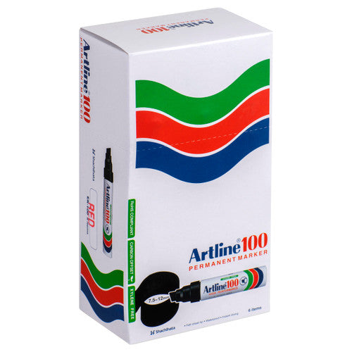 Artline 100 Permanent Marker 12mm Chisel Nib Red Box 6