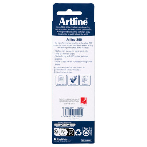 Artline 200 Fineliner Pen 0.4mm Black Pack of 4