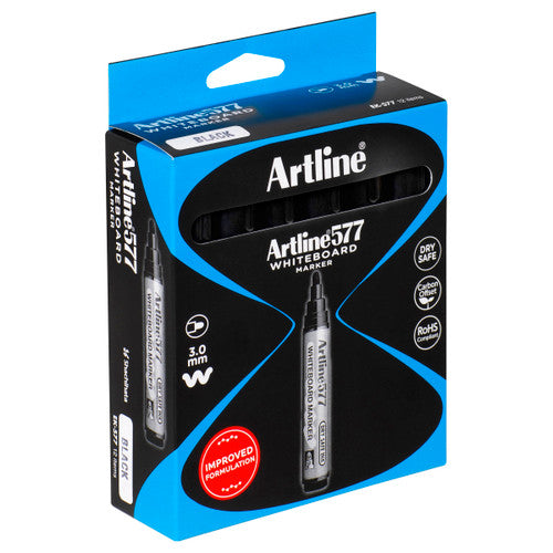 Artline 577 Whiteboard Marker 3mm Bullet Nib Black Box of 12