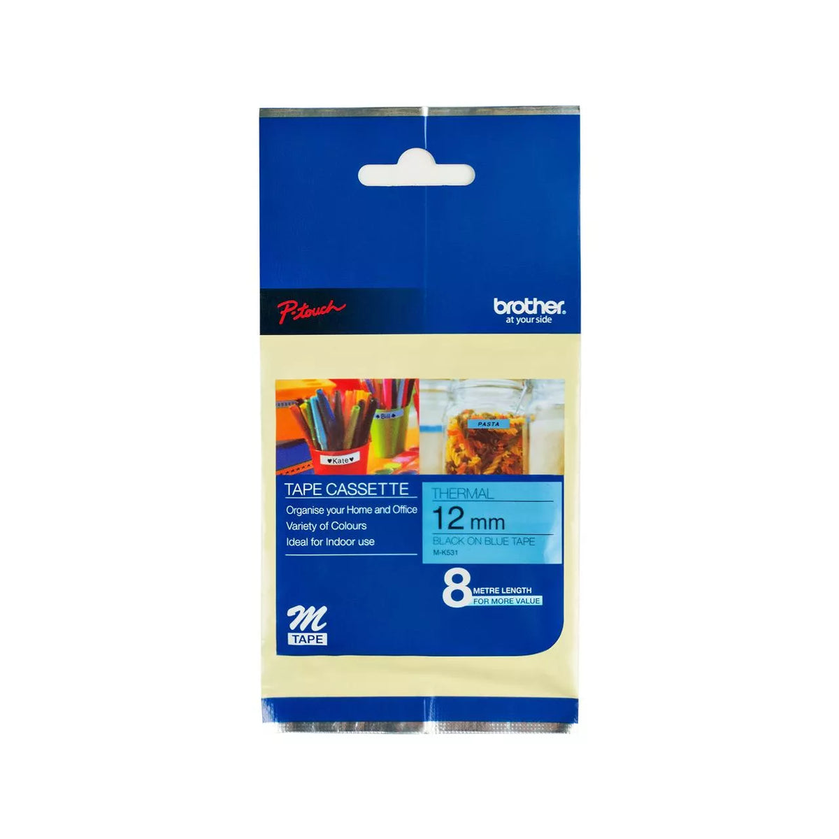 Brother M-K531 Non Laminated Label Tape 12mm Black on Blue