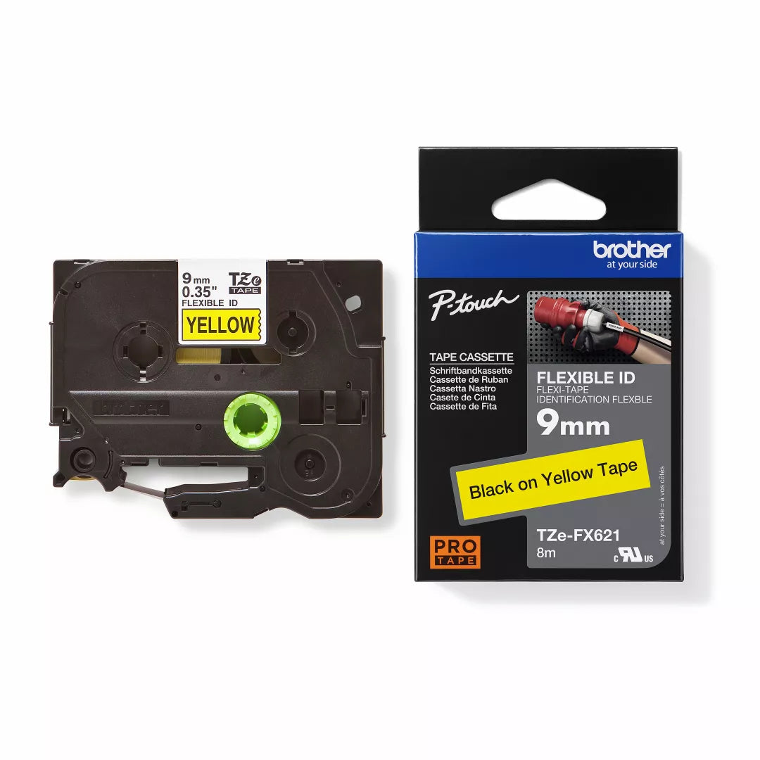 Brother TZe-FX621 Flexible ID Label Tape 9mm Black on Yellow