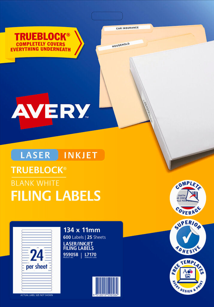 Avery White Filing Labels 134 x 11mm Laser Inkjet Permanent 600 Labels/25 Sheets 24UP