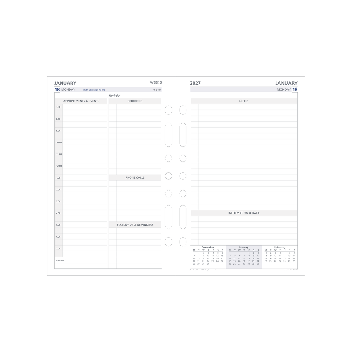 Debden Dayplanner 2027 Desk 7-Ring Refill - 2 Pages to a Day