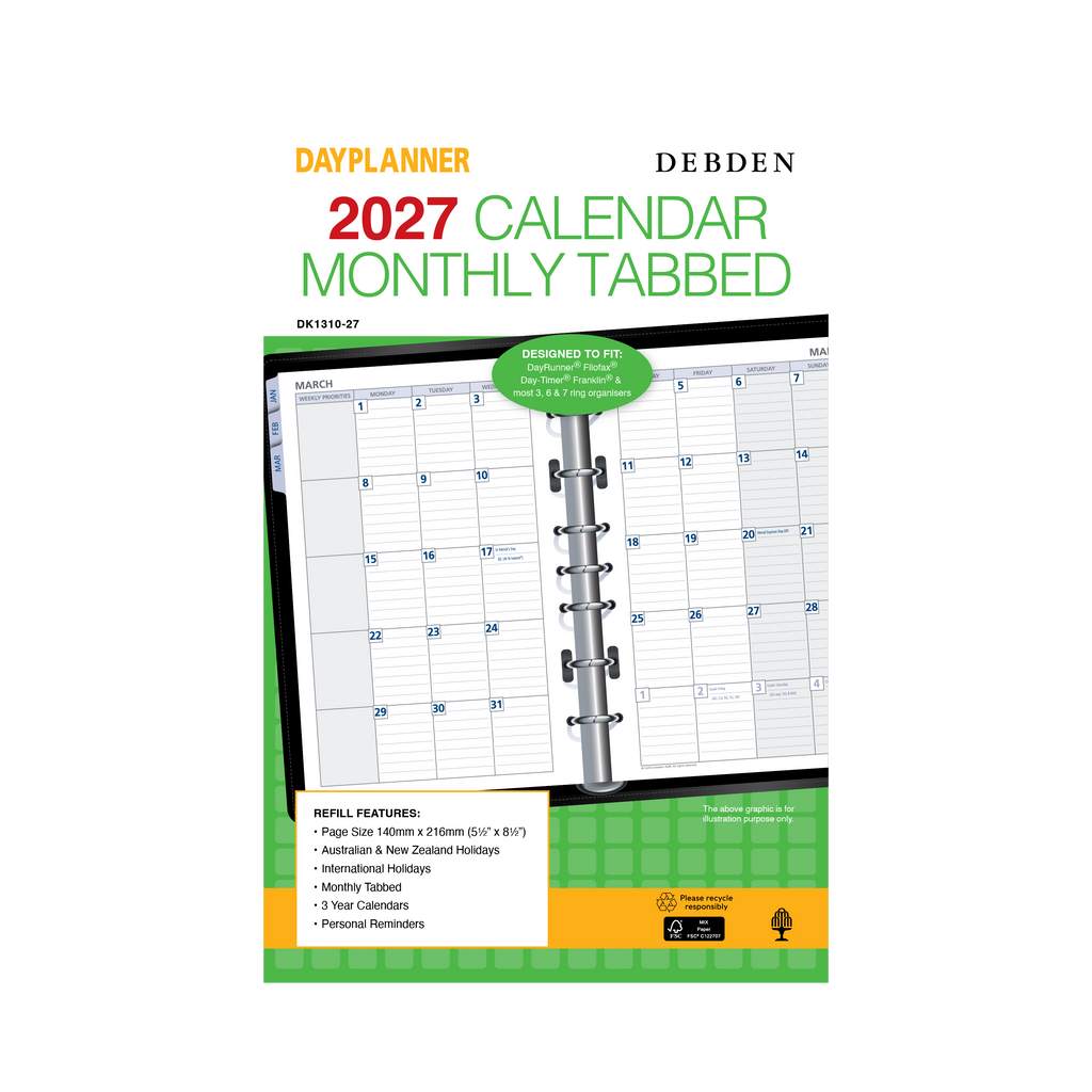 Debden Dayplanner 2027 Desk 7-Ring Refill - Month to View with Tabs