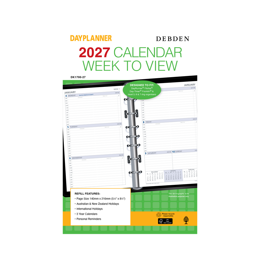 Debden Dayplanner 2027 Desk 7-Ring Refill - Week to View