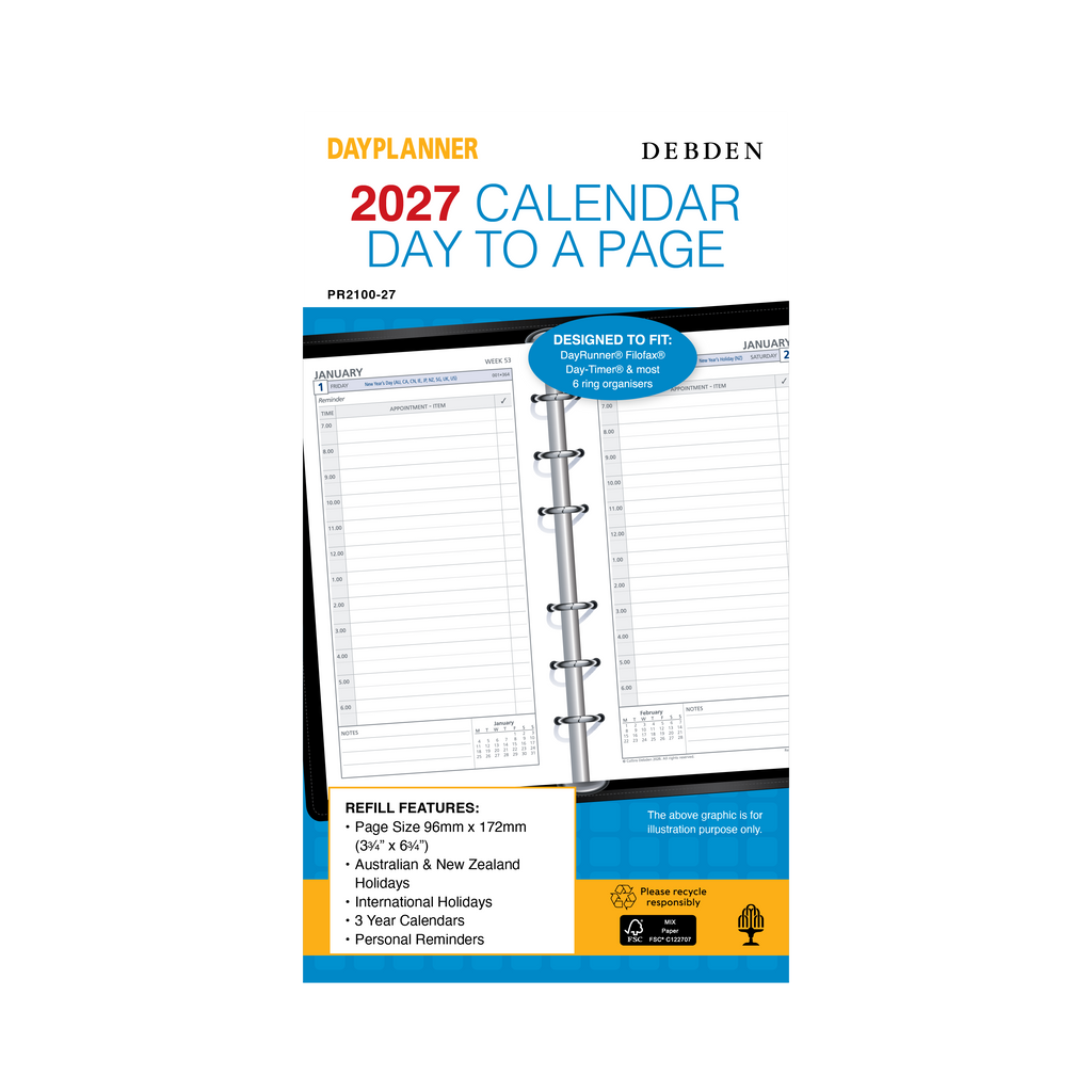 Debden Dayplanner 2027 Personal 6-Ring Refill - Day to a Page
