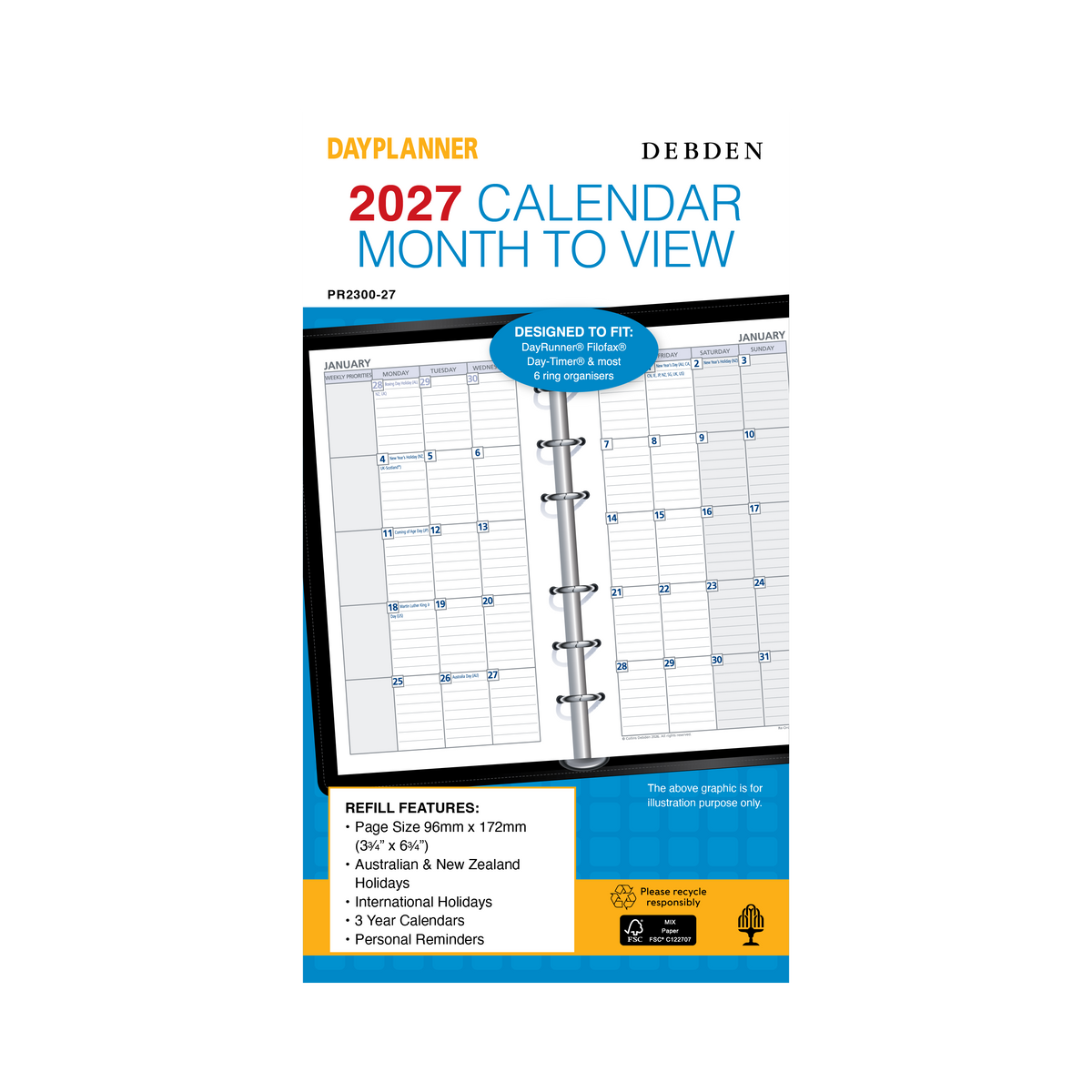 Debden Dayplanner 2027 Personal 6-Ring Refill - Month to View