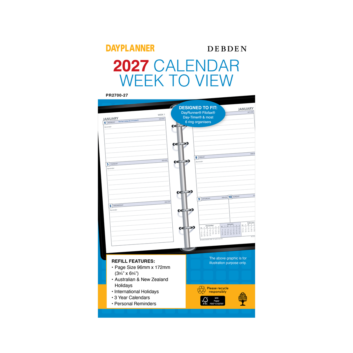 Debden Dayplanner 2027 Personal 6-Ring Refill - Week to View (Ruled)