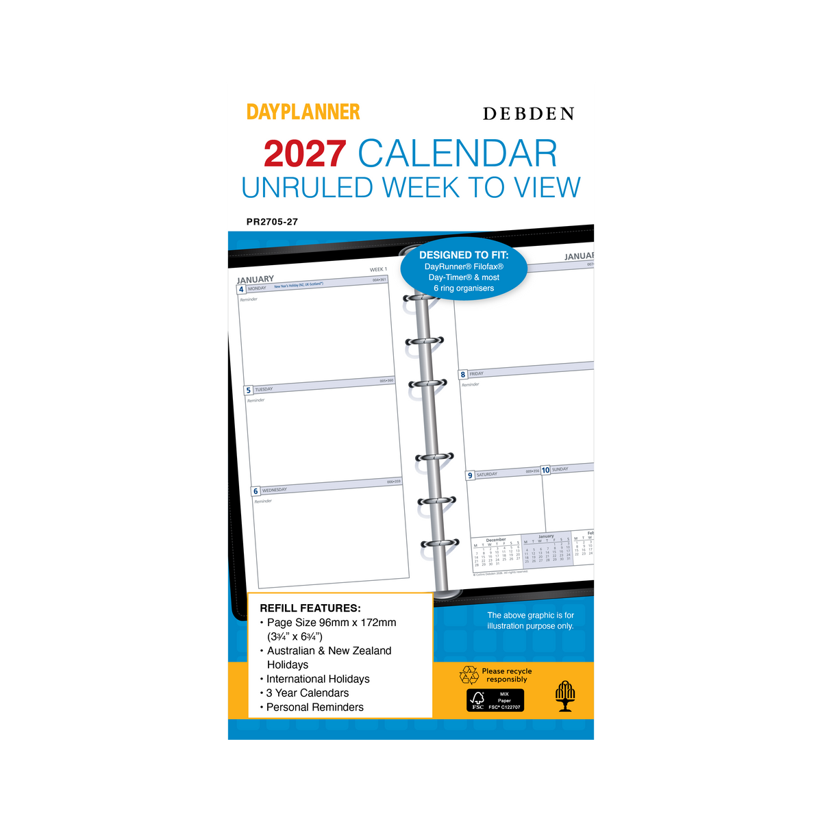 Debden Dayplanner 2027 Personal 6-Ring Refill - Week to View (Unruled)