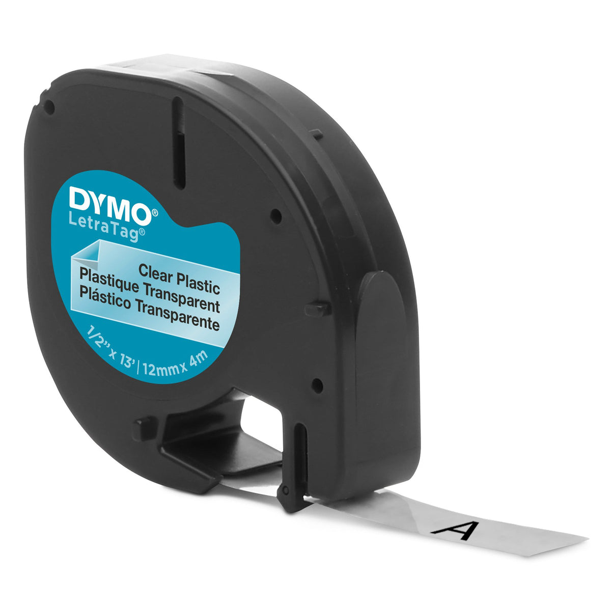 Dymo LetraTag Label Tape 12mm x 4m Black on Clear Plastic Single Roll