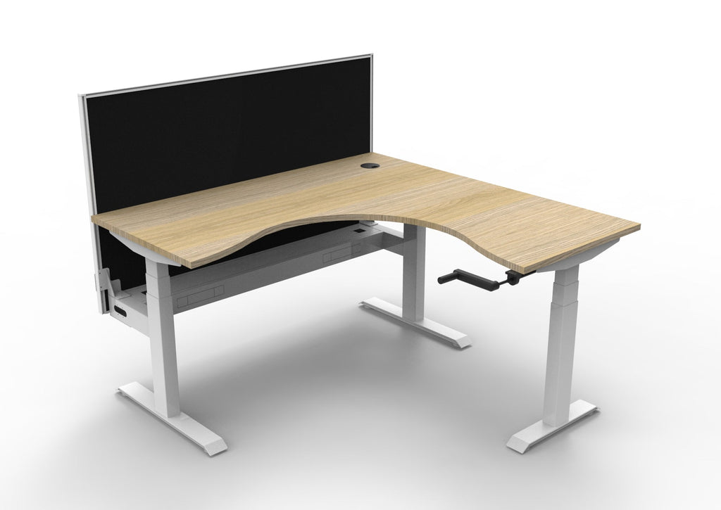 Rapidline Boost Crank Corner Workstation 1500 x 1500 x 750mm with Screen and Cable Tray Natural Oak / White Satin