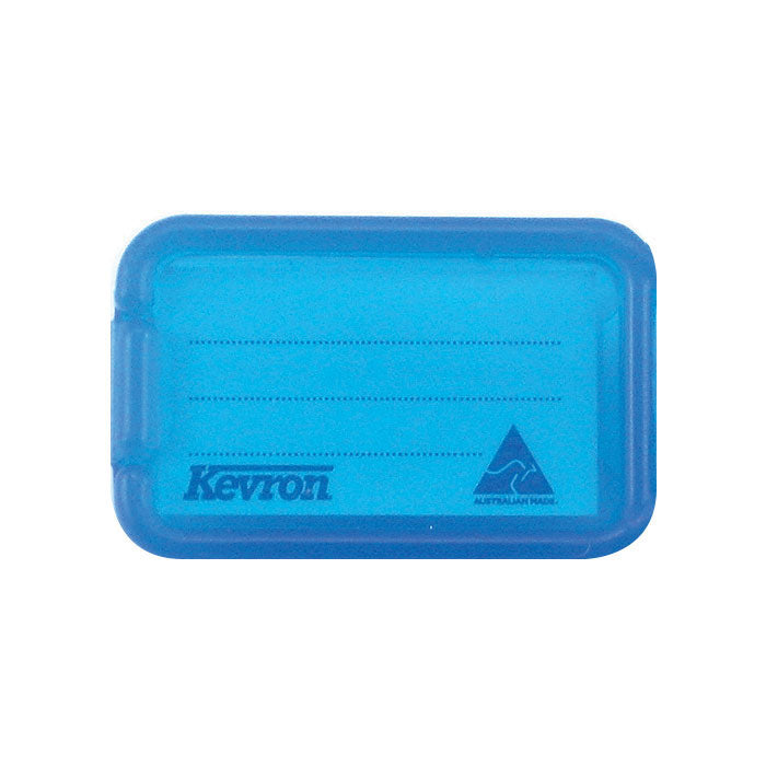 Close up of a single blue Kevron ID5 key tag showing the ruled insert area and Australian Made mark