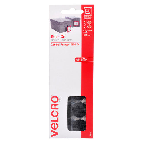 Osmer Velcro Brand Self Adhesive Handy Hook and Loop Dots 22mm Black Pack of 12