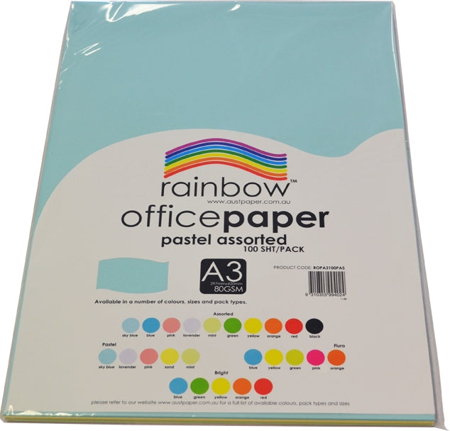 Rainbow Office Paper A3 80gsm Pastel Assorted Pack of 100