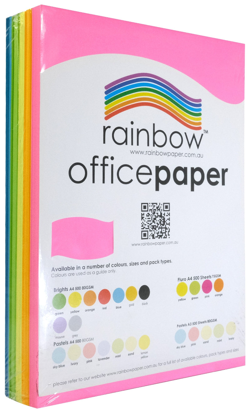 Rainbow Office Paper A4 75gsm Fluoro Assorted Pack of 500