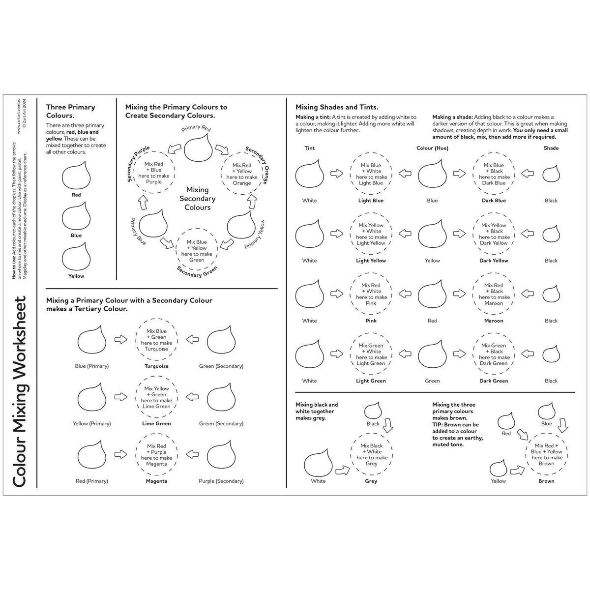 Colour Mixing Worksheet Pack of 10 Secondary Tertiary Shades and Tints