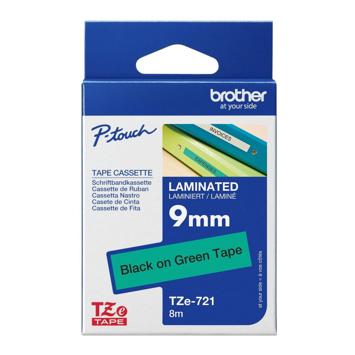 Brother TZe-721 Laminated Label Tape 9mm Black on Green