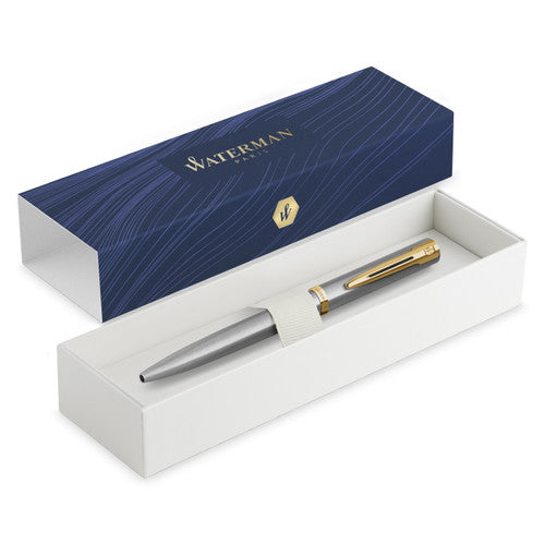 Waterman Impression Ballpoint Pen Stainless Steel with Gold Trim Medium Tip Blue Ink Gift Box