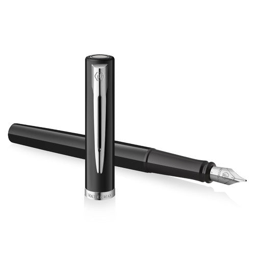 Waterman Impression Fountain Pen Black with Chrome Trim Medium Nib Blue Ink Gift Box
