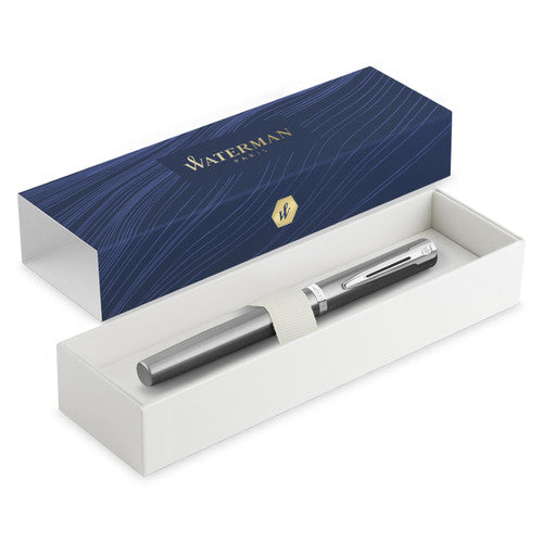 Waterman Impression Fountain Pen Stainless Steel with Chrome Trim Medium Nib Blue Ink Gift Box